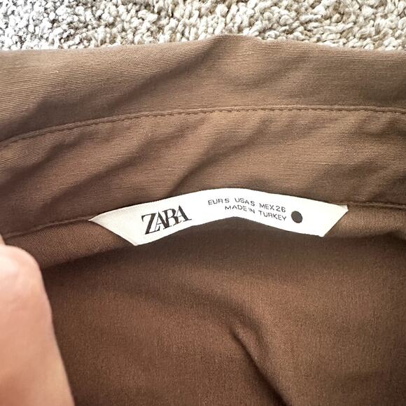 Zara Brown Ruched Button Up Mini Dress Size S - Picture 4 of 6
